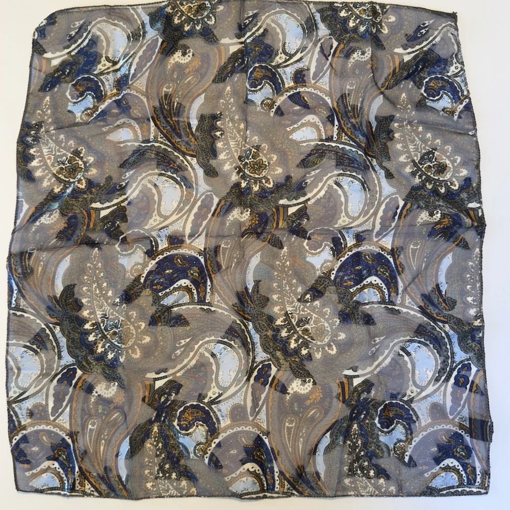 Blue Gold Paisley Square Scarf Silk Feel Sheer‎ Neck Hair Accessory Classy Chic